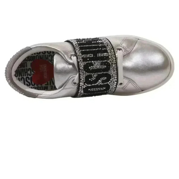 Love Moschino Women's Metallic Leather Crystal Band Sneakers Silver 41 preloved - Picture 3 of 6